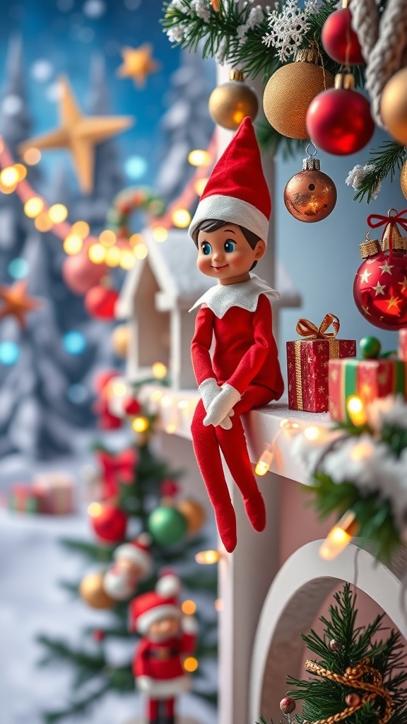 Christmas Aesthetic: Elf on the Shelf Decor Ideas An Elf on the Shelf surrounded by Christmas decorations and lights, creating a festive holiday scene.